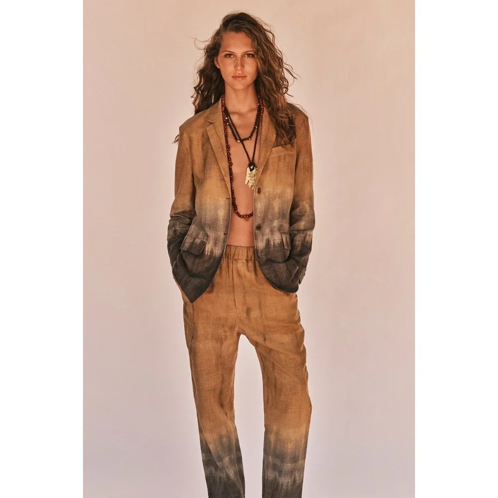 Zara XS Ombre Dip Tie Dye Linen Blend Pull On Trousers Pants Mustard Yellow Grey